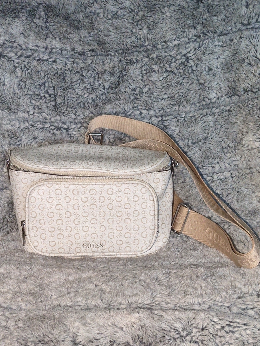 GUESS Hailley Cream Logo Canvas Crossbody with Beige Strap​